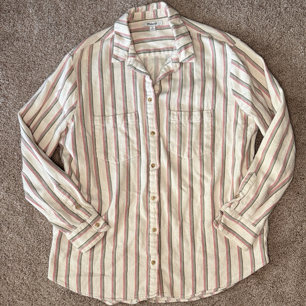 Madewell Cream and Red Striped Casual Shirt